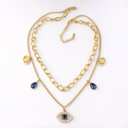 Gold Layered Necklace with Evil Eye & Sapphire Blue Charms