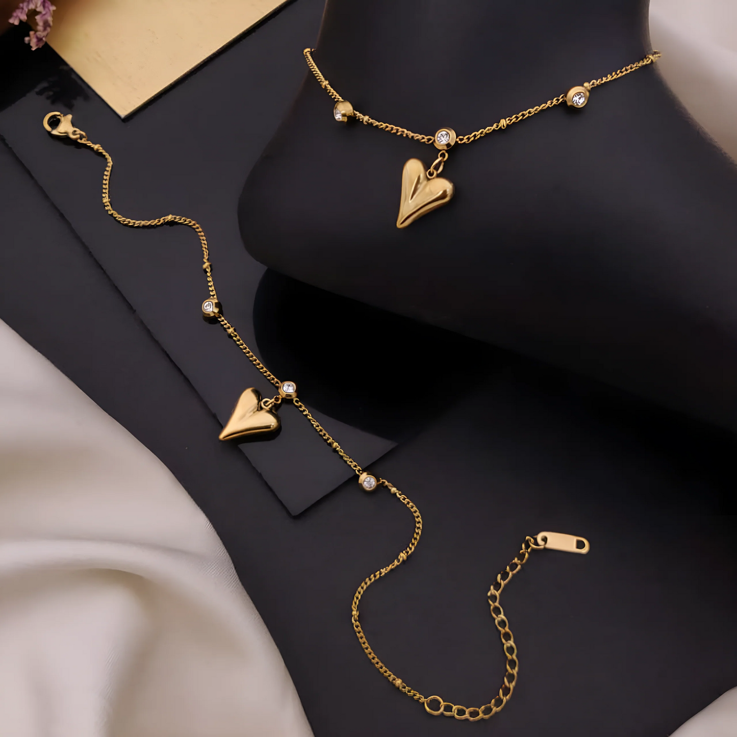 Golden Charm Heart Anklet with Sparkling Crystal Beads