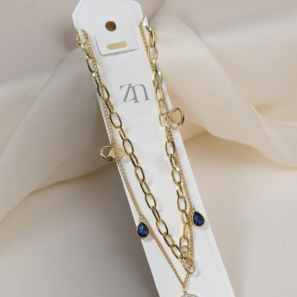 Gold Layered Necklace with Evil Eye & Sapphire Blue Charms