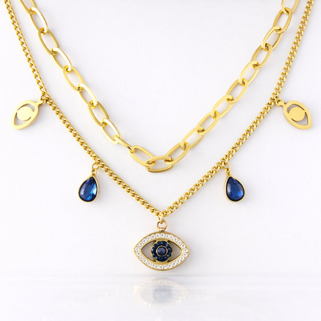 Gold Layered Necklace with Evil Eye & Sapphire Blue Charms