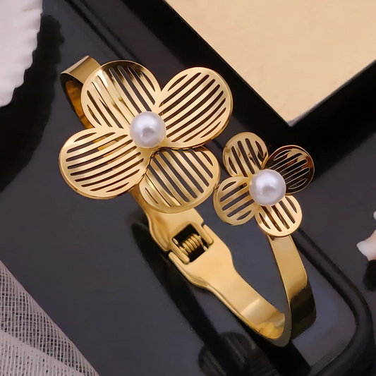 Floral Cuff Bangle with Pearls