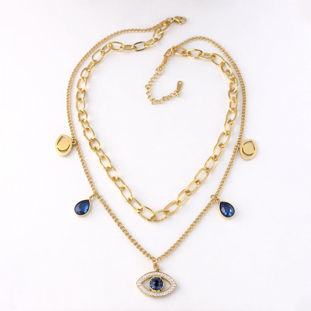 Gold Layered Necklace with Evil Eye & Sapphire Blue Charms
