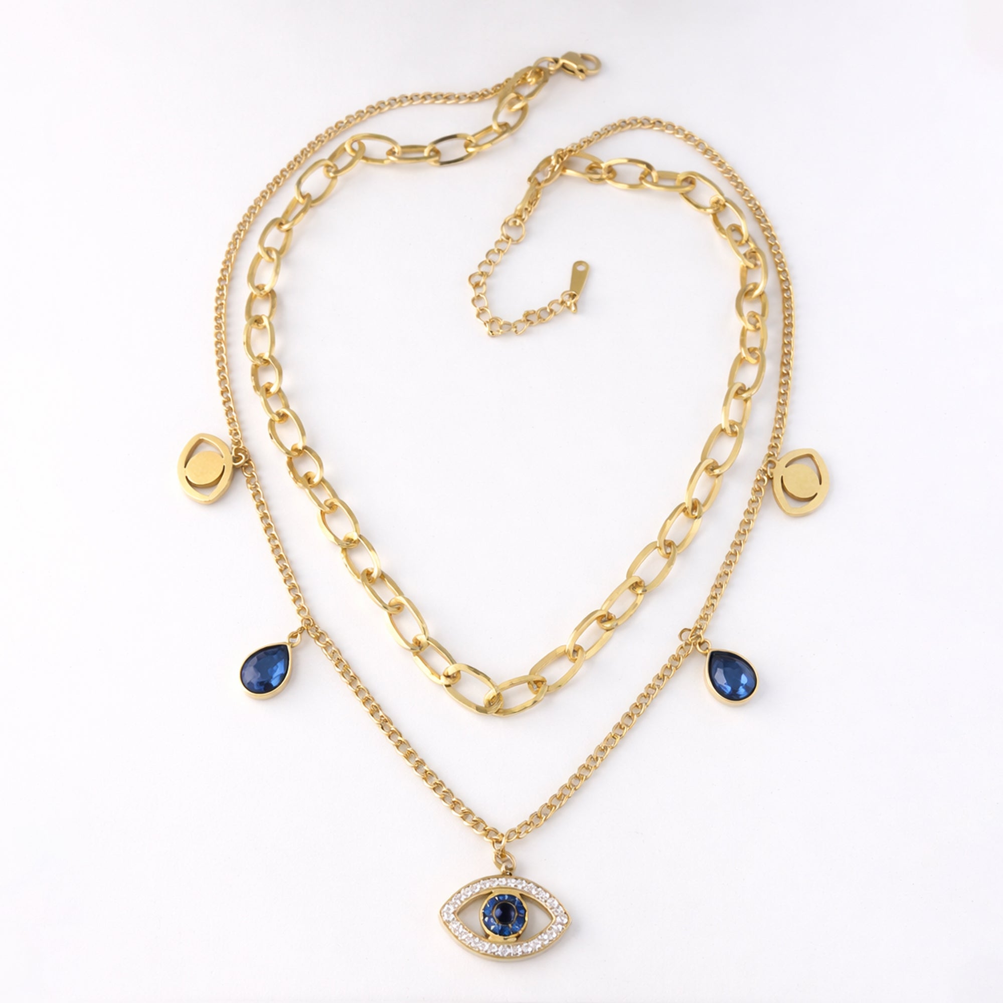 Gold Layered Necklace with Evil Eye & Sapphire Blue Charms