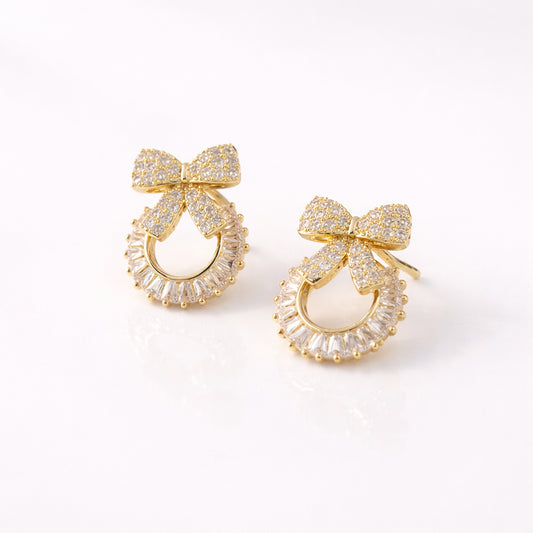 Zychon Gold-Plated Bow Zircon Stud Earrings