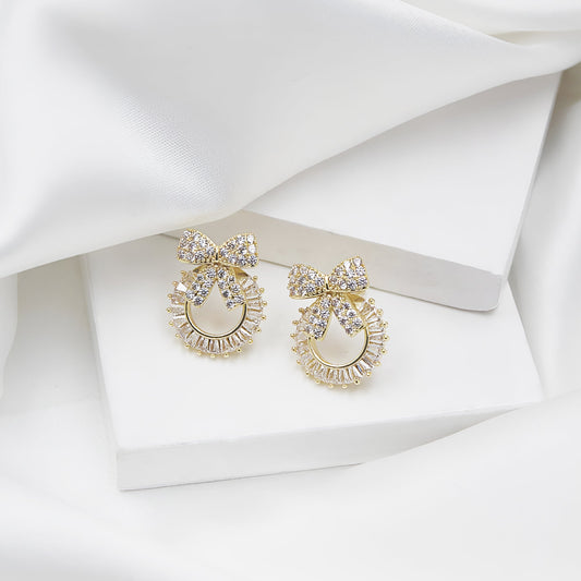 Zychon Gold-Plated Bow Zircon Stud Earrings