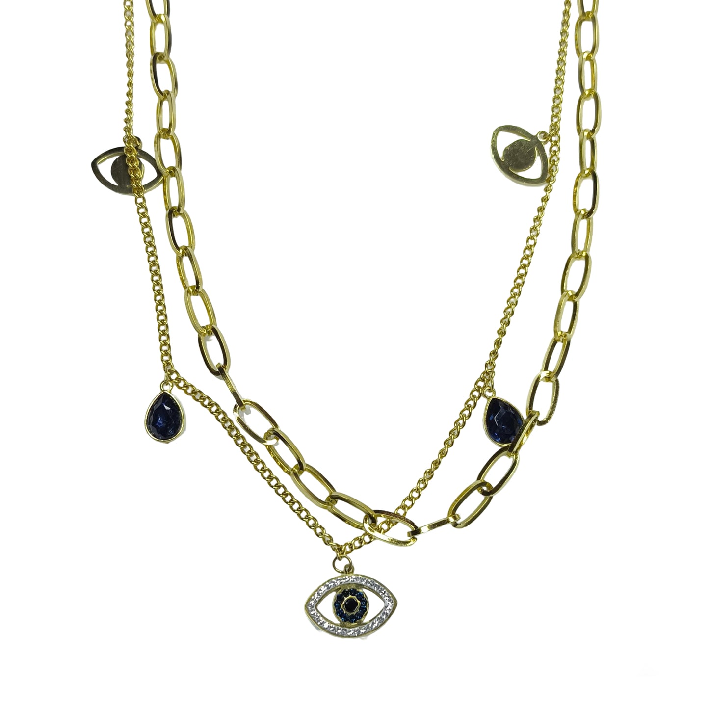 Gold Layered Necklace with Evil Eye & Sapphire Blue Charms