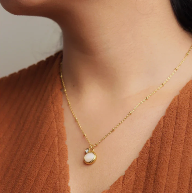 Gold-Plated Moonstone Necklace with Dainty Crystal Drop